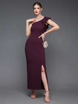 Miss Chase - Women's Dark Purple Solid One Shoulder Sleeveless Ruffled Maxi Party Dress