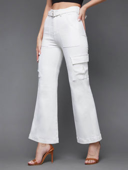 Miss Chase - Women's White Wide Leg High Rise Regular Stretchable Denim Jeans