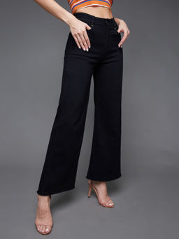 Miss Chase - Women's Black High Rise Regular-Length Stretchable Wide Leg Denim Jeans