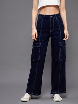 Miss Chase - Womens Navy Blue Wide Leg High Rise Clean Look Stretchable Denim Jeans