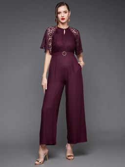 Miss Chase - Women's Wine Round Neck Flared Sleeve Floral Laced Raglan Jumpsuit