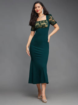 Miss Chase - Women's Dark Green Square Puff Sleeve Laced Ankle Length Party Dress