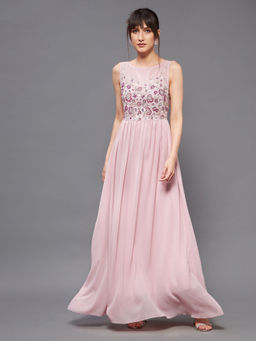 Miss Chase - Women's Dusty Pink Boat Neck Sleeveless Embellished Regular Party Dress