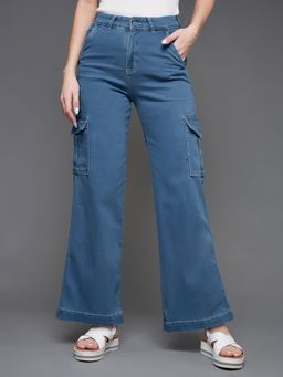 Miss Chase - Womens Blue Wide Leg High Rise Stretchable Denim Jeans