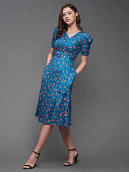 Miss Chase - Women's Multicolored-Base-Blue Pleated Puff Sleeve Floral Wrap Midi Dress