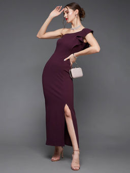 Miss Chase - Women's Dark Purple Solid One Shoulder Sleeveless Ruffled Maxi Party Dress