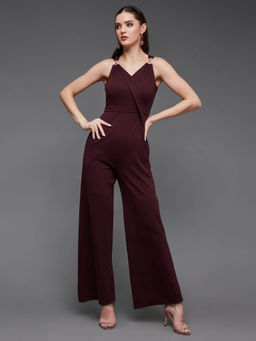 Miss Chase - Women's Wine V-Neck Sleeveless Solid Wrap Party Jumpsuit