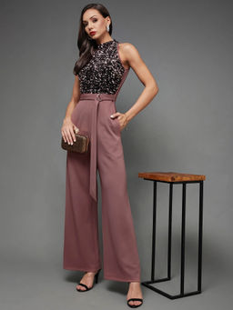 Miss Chase - Women's Mauve Sleeveless Embellished Halter Neck Party Jumpsuit