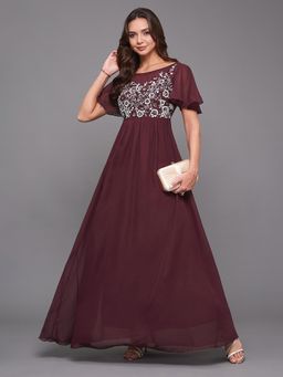 Miss Chase - Women's Wine Solid Embellished Maxi Party Dress