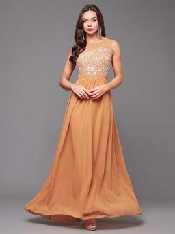 Miss Chase - Women's Dusty Orange Boat Neck Sleeveless Embroidered Gathered Maxi Dress