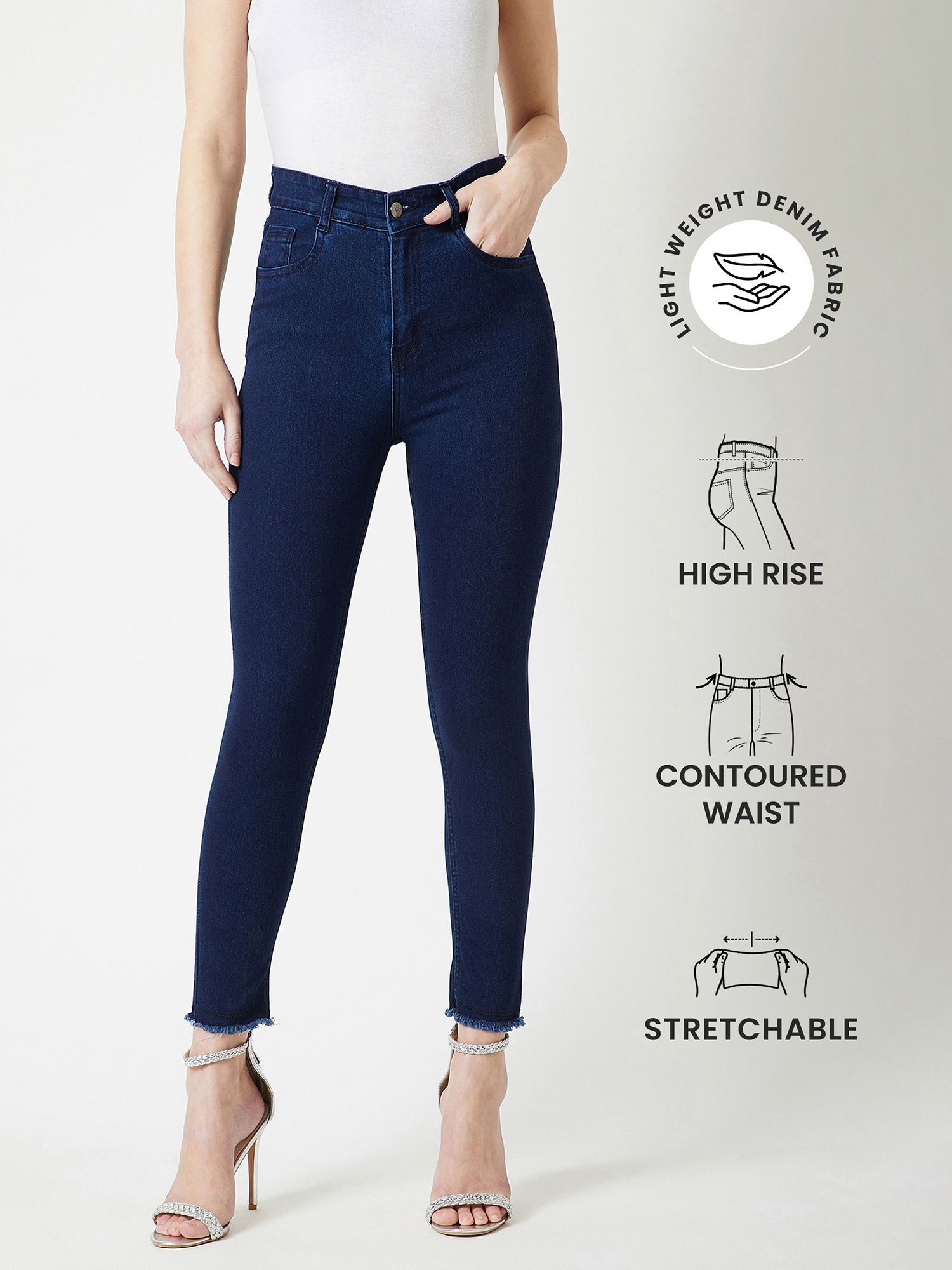 Women's Navy Blue Skinny High Rise Cropped Fringed Hemline Denim Jeans-image-22
