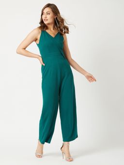 Miss Chase - Women's Green V-Neck Sleeveless Solid Wrap Regular Length Party Jumpsuit