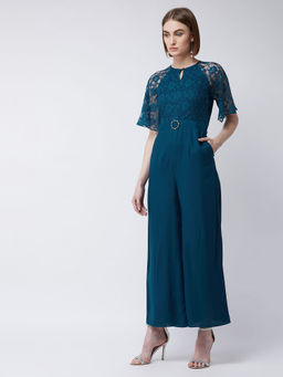 Miss Chase - Women's Teal Round Neck Flared Sleeve Floral Laced Raglan Regular Jumpsuit