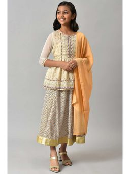 Aurelia - Beige Floral Peplum Top With Skirt And Orange Dupatta (Set of 3)