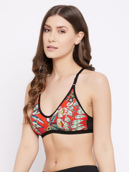 Clovia - Non-Padded Non-Wired Full Cup Floral Print Racerback Bra in Red - Cotton