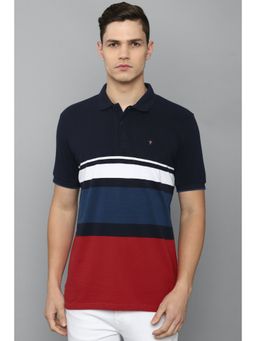 Louis Philippe - Men Navy Stripe Polo Neck T-shirt