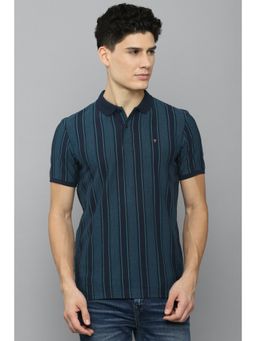 Louis Philippe - Men Blue Stripe Polo Neck T-shirt