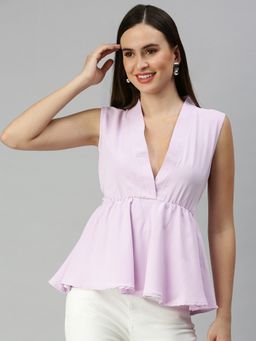SHOWOFF - Women Plunging Neck Solid Lavender Regular Top