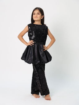 ZIP ZAP ZOOP - Black Sequinned Satin Long Sleeveless Top & Trouser Girls Co-Ord Set