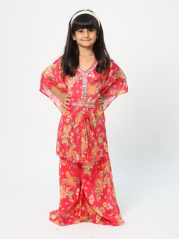 ZIP ZAP ZOOP - Red Embellished Georgette Top & Printed Palazzo Girls Co-Ord Set