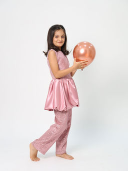 ZIP ZAP ZOOP - Pink Sequinned Satin Long Sleeveless Top & Trouser Girls Co-Ord Set
