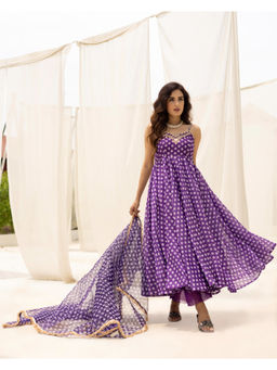 Ghoomar Jaipur - Bandhej Purple Anarkali Kurta With Pants And Dupatta (Set of 3)