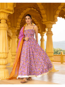 Ghoomar Jaipur - Purple Hand Block Printed Anarkali Kurta With Pants And Dupatta (Set of 3)