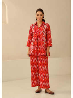 House of Chikankari - Cotton Chikankari Printed Womens Co-Ord - Red (Set of 2)