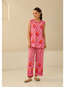 House of Chikankari - Cotton Chikankari Printed Womens Co-Ord - Pink (Set of 2)