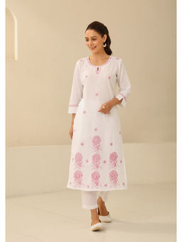 House of Chikankari - Cotton Chikankari Womens Long Kurta with Pant - White (Set of 2)