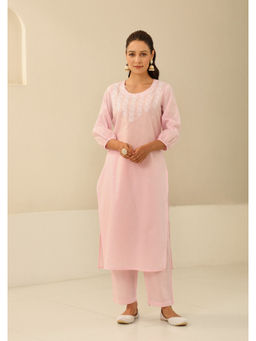 House of Chikankari - Cotton Chikankari Womens Long Kurta with Pant - Pink (Set of 2)