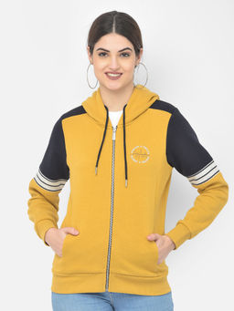 CRIMSOUNE CLUB - Women Mustard Colourblocked Hooded Sweatshirt