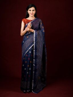 EXCLUSIVA - Blue Cotton Printed Saree Thread Weaving with Unstitched Blouse