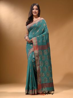Arhi - Teal Silk Matka Soft Paisley Motifs Saree with Unstitched Blouse