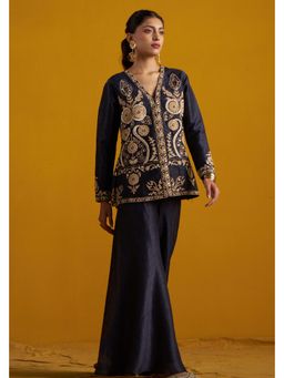 Doree By Rinkie - Women Cobalt Blue Indo Western Jacket Set with Bell Bottom