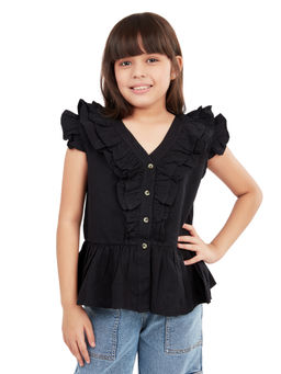 Olele - Girls Forest Black Mill Made Cotton Victoria Ruffle Top