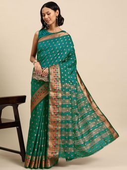 Chhabra 555 - Teal Woven Handloom Saree with Unstitched Blouse