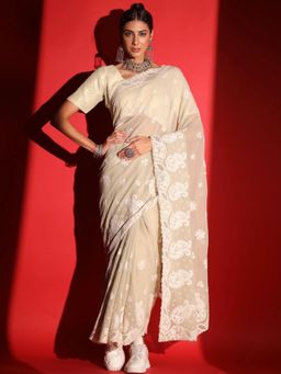 Chhabra 555 - Cream Embroidered Saree with Unstitched Blouse