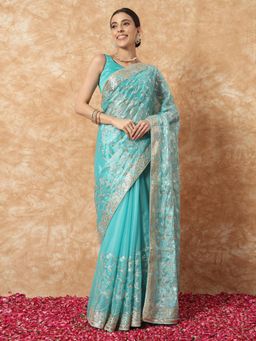 Chhabra 555 - Blue Floral Embroidered Saree with Unstitched Blouse