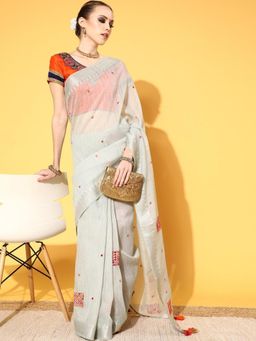 Chhabra 555 - Turquoise Embroidered Saree with Unstitched Blouse