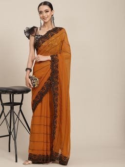 Chhabra 555 - Mustard Embroidered Saree with Unstitched Blouse
