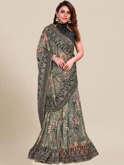 Chhabra 555 - Green Embellished Saree with Unstitched Blouse