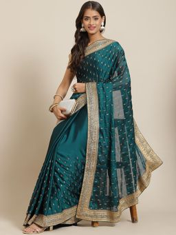 Chhabra 555 - Teal Embroidered Saree with Unstitched Blouse