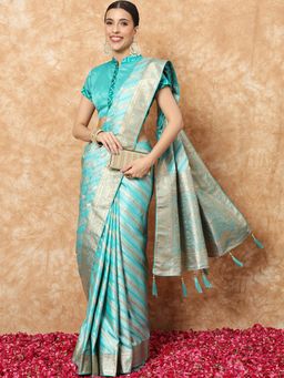 Chhabra 555 - Turquoise Handloom Saree with Unstitched Blouse