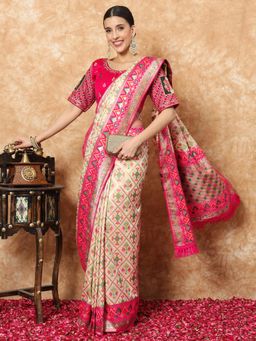 Chhabra 555 - Cream Printed Saree with Unstitched Blouse