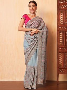 Chhabra 555 - Turquoise Paisley Embroidered Saree with Unstitched Blouse