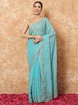 Chhabra 555 - Turquoise Embellished Saree with Unstitched Blouse
