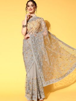 Chhabra 555 - Grey Embroidered Saree with Unstitched Blouse