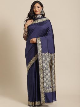 Chhabra 555 - Navy Blue Handloom Saree with Unstitched Blouse