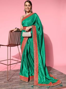 Chhabra 555 - Green Embroidered Saree with Unstitched Blouse and Belt